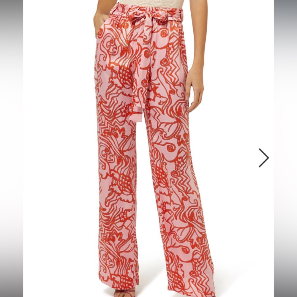 Alexis silk pants, pink and red, high rise straight